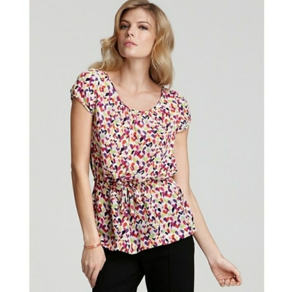 Kate Spade "Iris" Heart Print Silk Blouse Valentines Day Small